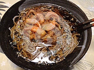 Hot noodle Soba with fried shrimps