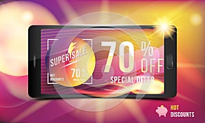 Hot offer is a super discount of 70 . Concept of advertising with a smartphone and banner with hot discounts and realistic fire wi