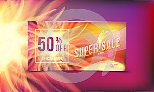 Hot offer is a super sale of 50 . Concept of advertising banner with hot discounts and realistic fire with light effects on a colo