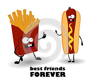 Hot og and french fries. Friends forever. Fast food characters. Fast Food Day. Street food