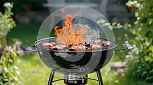 Hot orange flames and smoke rise from a charcoal grill, ready for barbecuing