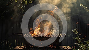 Hot orange flames and smoke rise from a charcoal grill, ready for barbecuing