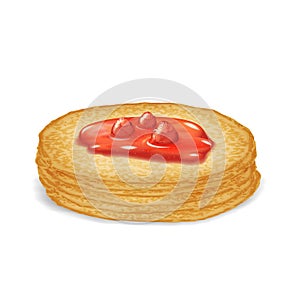 Hot pancake with buttered strawberry jam sweet food 3d realistic decoration vector illustration