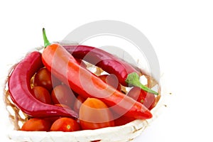 Hot pepper long fresh tomato cherry set of vegetables on white isolated background