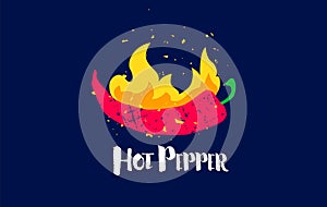 Hot pepper with text and fire on dark background. Flat style. Vector