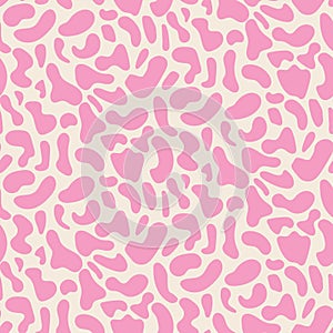 Hot pink abstract cow print seamless pattern on white background.