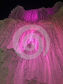 Hot pink colored walls inside ice castle in Lake Geneva, Wisconsin