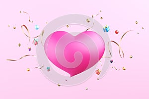 Hot pink heart symbol 3D with gift box, balls gold, ribbon on pink background. Speech bubble heart couple wedding, greeting card.