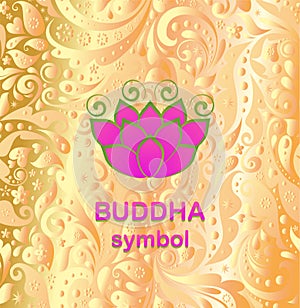 Hot pink or viva magenta color beautiful lotus or water lily  flower on gold background with ornate pattern. Buddha symbol