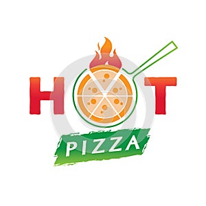 Hot pizza logo with flame and wood chop