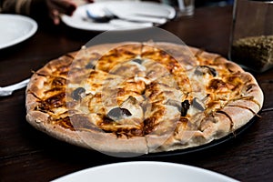Hot pizza lunch or dinner crust mushroom topping, delicious tasty fast food