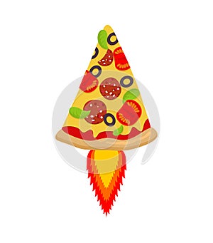 Hot Pizza rocket. Piece of fast food and flame