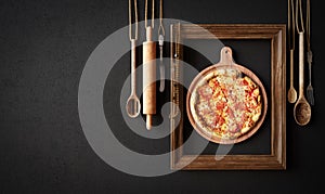 Hot pizza slice with melting cheese with frame concept close up