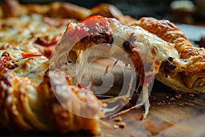 Hot pizza slice with melting cheese on a rustic wooden table.