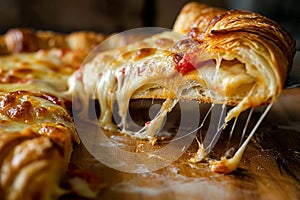 Hot pizza slice with melting cheese on a rustic wooden table.