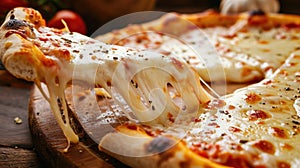 Hot pizza slice with melting cheese on a rustic wooden table, a mouthwatering delight, Ai Generated