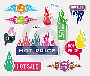 Hot price trendy sale labels with flames