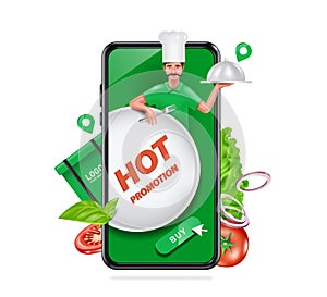 Hot promotion text in front of chef holding fork and food cover and all display on smartphone and there are vegetables and bag or