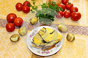 Hot ready moussaka is served on a porcelain plate among vegetables and spicy herbs. Fresh vegetables for cooking light dinner, Mo