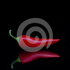 Hot red chili pepper on a black background. Image reflection. Spice. Photo.ÑŽ
