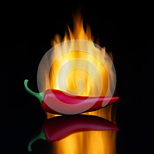 Hot red chili pepper on a black table. Fire in the background. Photo