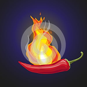 Hot red chili pepper with burning flames