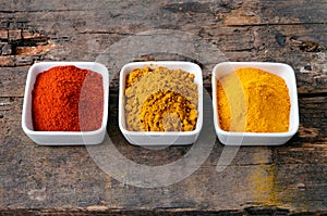 Hot red chili powder, curry and turmeric powder