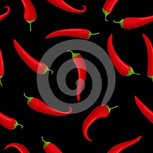 Hot red Chilly peppers on black seamless pattern background, cartoon mexican chilli, paprika icon signs. Spicy food