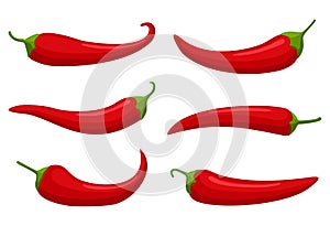 Hot red Chilly peppers set isolated on white background, cartoon mexican chilli, paprika icon signs. Spicy food symbols