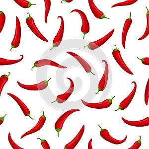 Hot red Chilly peppers on white seamless pattern background, cartoon mexican chilli, paprika icon signs. Spicy food
