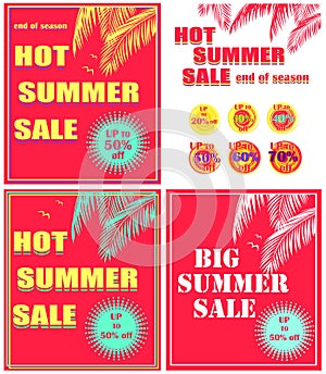 Hot red discount posters variation with hot summer sale lettering, offer mint color label, palm leaves and seagull. Art deco styl