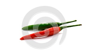 Hot red and green chili or chilli pepper isolated on white background