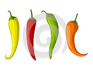 Hot red, yellow and green Chilly peppers set isolated on white background, cartoon mexican chilli, paprika icon signs