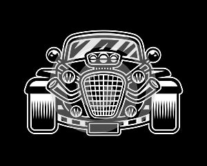 Hot rod car front view vector illustration black and white style on dark background