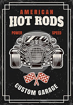 Hot rod car vector poster vintage illustration in colorful style with grunge textures on separate layers