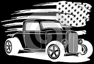 hot rod car in white line on black background