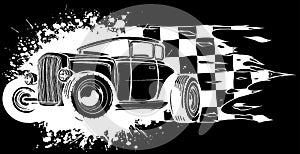 hot rod car in white line on black background