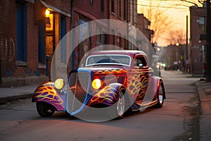 a hot rod with flames painted on the side, parked on a street
