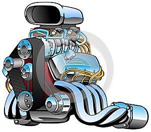 Hot rod race car engine cartoon, lots of chrome, huge intake, fat exhaust pipes, vector illustration