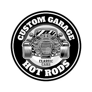 Hot rod vector emblem, label, badge or print in monochrome style isolated on white background