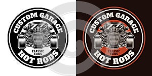 Hot rod vector emblem, label, badge or print in two styles colored and black on white background