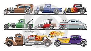 Hot rods car vector vintage classic vehicle and retro auto transport roadster illustration set of hot-rods automobile photo