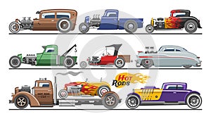 Hot rods car vector vintage classic vehicle and retro auto transport roadster illustration set of hot-rods automobile