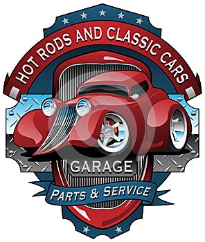 Hot Rods and Classic Cars Garage Vintage Sign Vector Illustration