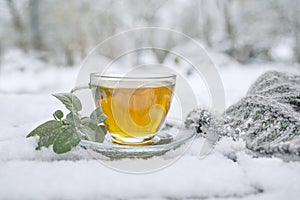 Hot sage tea in a glass cup and a woolen hat outdoors on a table in the snow, medicinal herb and home remedies against flu and