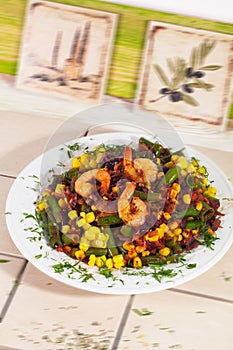 Hot salad with shrimp, corn, green beans, red onion, stewed, fried, Italian kitchen, tiles, Provence