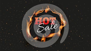 Hot sale banner. Burn discount ads black background. Fire hole with tongues of flame and sparks poster design template