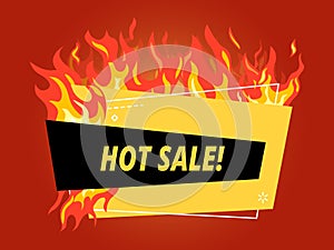 Hot sale banner. Offer fire flames discount, burning frame or promo label vector template
