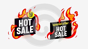 Hot Sale Banners with Burning Fire and Typography for Social Media Marketing. Special Offer for Shop or Discounter photo