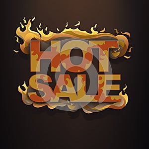 Hot sale. Typographic design, flames, fire. Business banner, poster, flyer, marketing, advertising. Burning font, dark brown